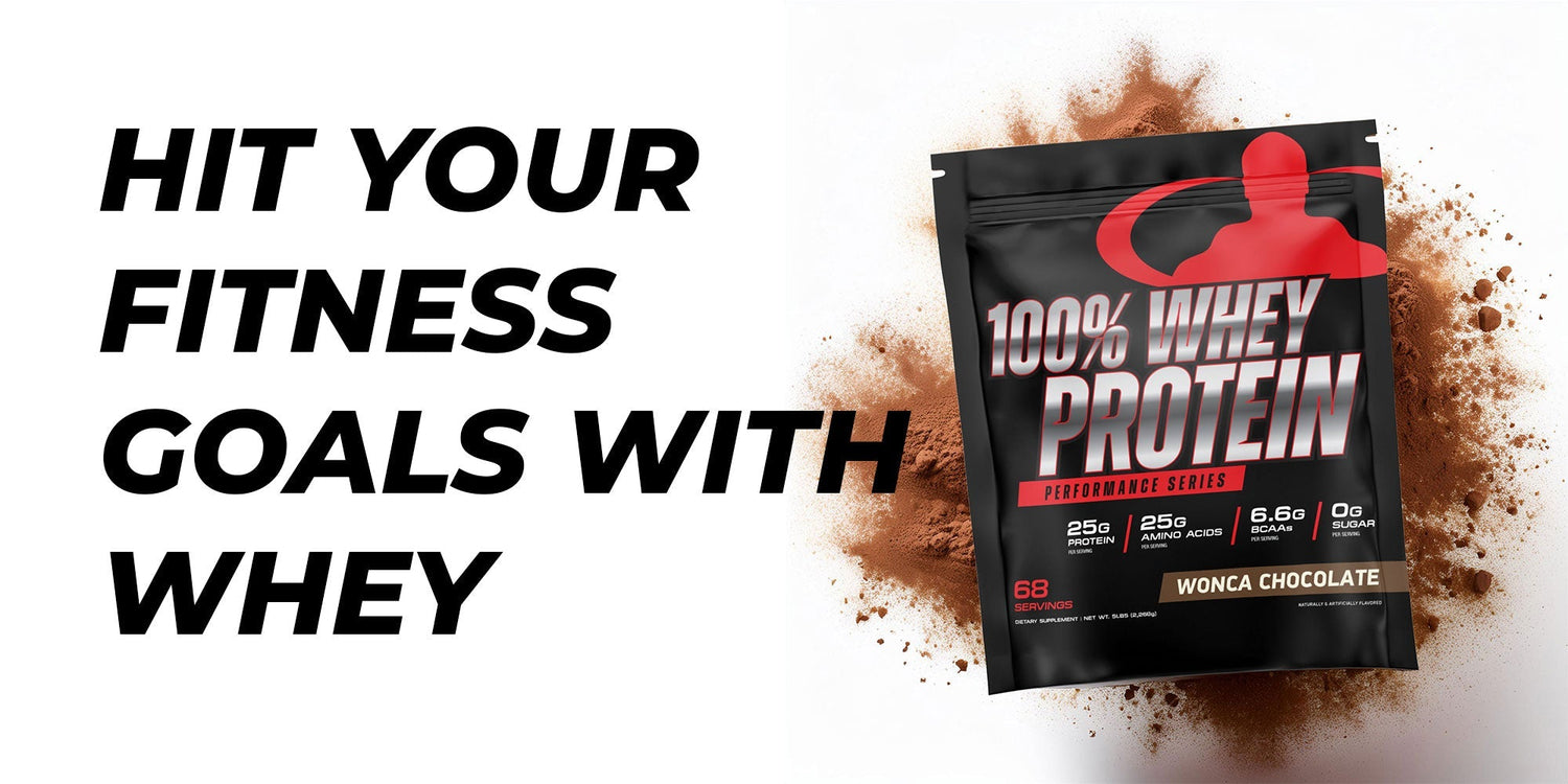 Whey protein bag with powder behind it