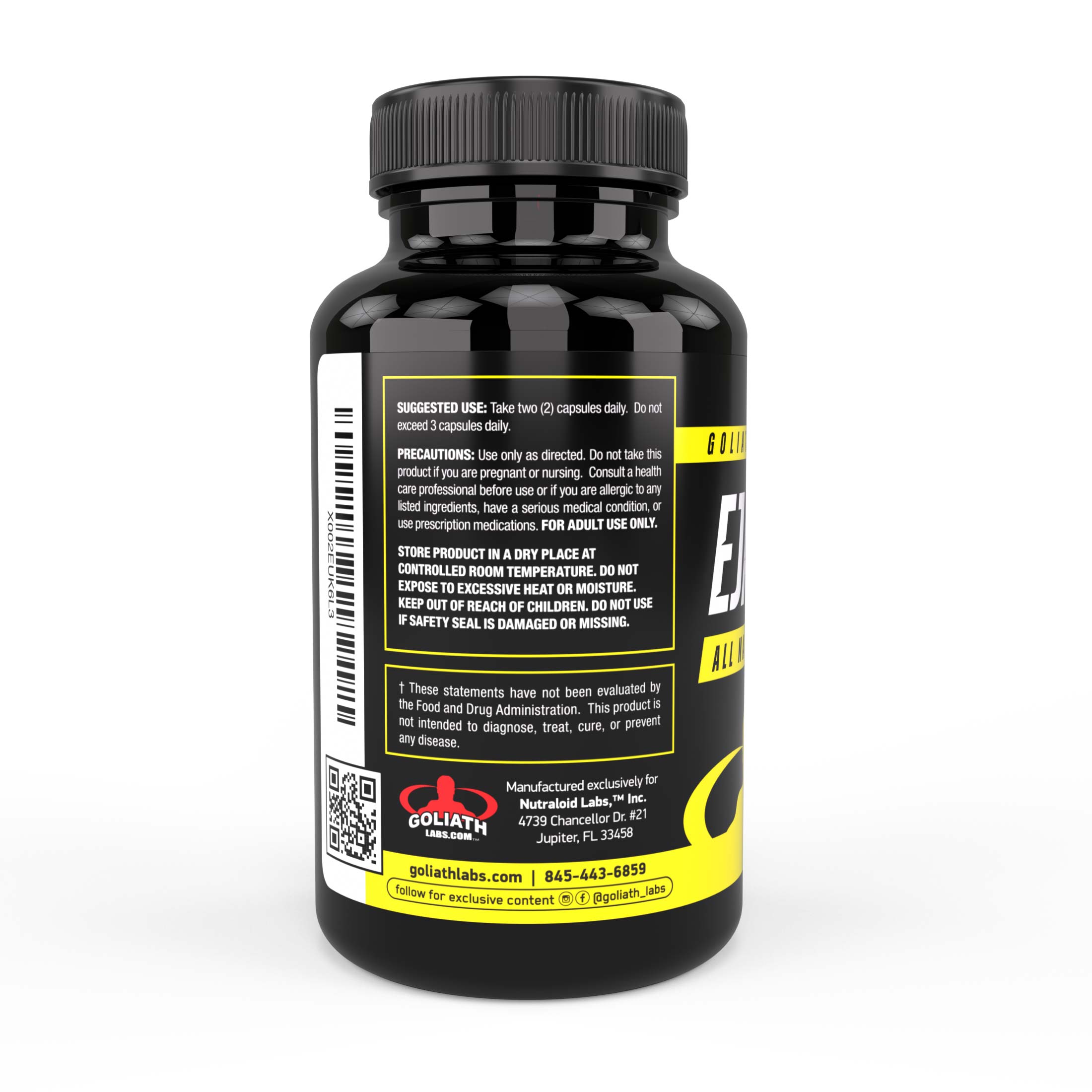 Side view of Goliath Labs Ejaculoid supplement bottle, showing premium male performance formula that enhances stamina, energy, and endurance.