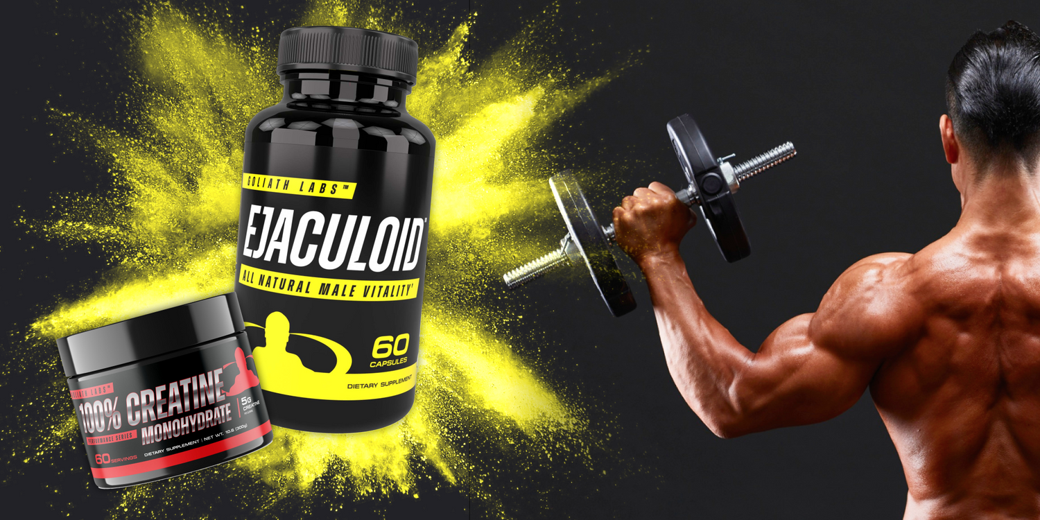 Creatine and Ejaculoid products next to man lifting weights